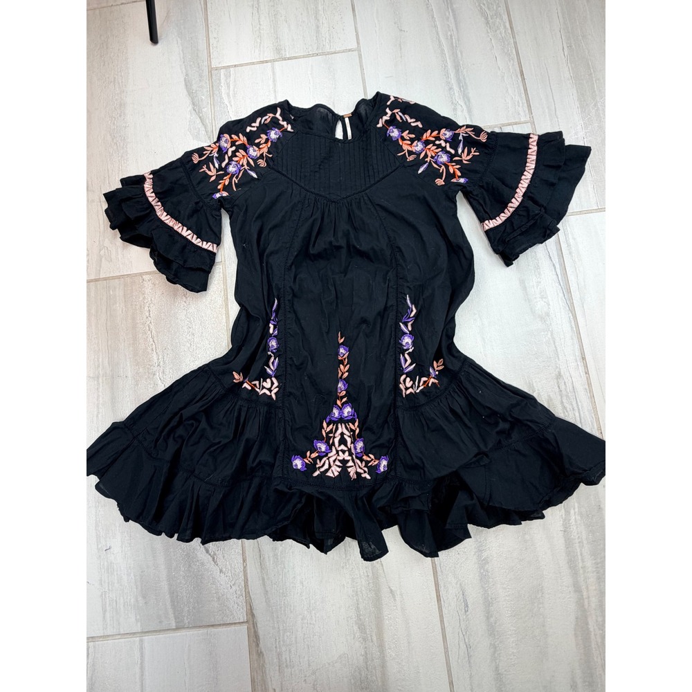Free People Black Floral Embroidered Ruffle Bell Sleeve Mini Dress Small